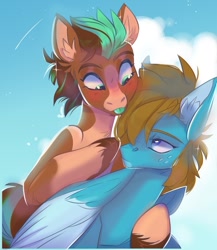 Size: 750x863 | Tagged: safe, artist:dez_hyena, imported from derpibooru, oc, oc only, oc:carbon, oc:sagebrush, earth pony, pegasus, pony, :p, blushing, cloud, colored wings, couple, cute, dating, day, ear fluff, earth pony oc, eyelashes, femboy, folded wings, freckles, gay, hug, looking at each other, looking back, male, multicolored hair, multicolored tail, multicolored wings, oc x oc, outdoors, pegasus oc, shipping, sky, stallion, tongue out, unshorn fetlocks, wings