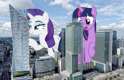 Size: 2700x1750 | Tagged: safe, artist:andoanimalia, artist:theotterpony, imported from derpibooru, rarity, twilight sparkle, alicorn, pony, unicorn, female, giant pony, giantess, high res, highrise ponies, irl, macro, mare, photo, poland, ponies in real life, story included, twilight sparkle (alicorn), warsaw