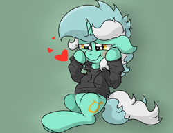 Size: 3796x2916 | Tagged: safe, artist:background basset, imported from derpibooru, lyra heartstrings, pony, unicorn, blushing, clothes, female, heart, high res, hoodie, simple background, sitting, solo