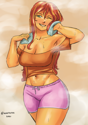 Size: 1754x2480 | Tagged: safe, artist:nire, imported from derpibooru, sunset shimmer, equestria girls, after shower, armpits, belly, belly button, blushing, breasts, busty sunset shimmer, cleavage, clothes, looking at you, nail polish, shorts, smiling, smiling at you, solo, steam, towel, wide hips