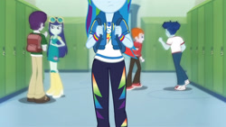 Size: 3410x1920 | Tagged: safe, imported from derpibooru, screencap, curly winds, heath burns, rainbow dash, some blue guy, equestria girls, equestria girls series, run to break free, spoiler:eqg series (season 2), clothes, cutie mark, cutie mark on clothes, female, geode of super speed, hallway, hoodie, jewelry, lockers, magical geodes, male, necklace, open mouth