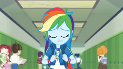 Size: 3410x1920 | Tagged: safe, imported from derpibooru, screencap, curly winds, rainbow dash, scribble dee, some blue guy, wiz kid, equestria girls, equestria girls series, run to break free, spoiler:eqg series (season 2), backpack, clothes, cutie mark, cutie mark on clothes, eyes closed, female, geode of super speed, hallway, hoodie, jewelry, lip bite, lockers, magical geodes, male, necklace