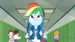 Size: 3410x1920 | Tagged: safe, imported from derpibooru, screencap, curly winds, rainbow dash, scribble dee, some blue guy, wiz kid, equestria girls, equestria girls series, run to break free, spoiler:eqg series (season 2), :o, backpack, clothes, cutie mark, cutie mark on clothes, female, geode of super speed, hallway, hoodie, jewelry, lockers, magical geodes, male, necklace, open mouth