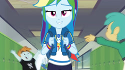Size: 3410x1920 | Tagged: safe, imported from derpibooru, screencap, rainbow dash, snails, snips, trixie, equestria girls, equestria girls series, run to break free, spoiler:eqg series (season 2), backpack, clothes, cutie mark, cutie mark on clothes, female, geode of super speed, hallway, hoodie, jewelry, lockers, magical geodes, male, necklace, open mouth, smiling