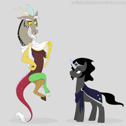 Size: 1000x1000 | Tagged: safe, artist:shadobabe, imported from derpibooru, discord, king sombra, draconequus, pony, unicorn, alternate design, clothes, crossed legs, crown, floating, future, jewelry, long description, looking at each other, male, moon, next generation, older, prince, reformed, regalia, robe, royalty, shadow, simple background, story included, sun