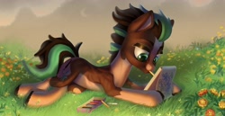 Size: 3403x1756 | Tagged: safe, artist:rrd-artist, imported from derpibooru, oc, oc only, oc:sagebrush, earth pony, pony, crossed legs, drawing, earth pony oc, flower, grass, green eyes, lying down, lying in grass, mouth hold, multicolored hair, multicolored mane, multicolored tail, outdoors, pencil, pencil in mouth, solo, unshorn fetlocks
