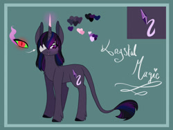 Size: 2048x1536 | Tagged: safe, artist:artfestation, imported from derpibooru, oc, oc only, oc:krystal magic, pony, unicorn, abstract background, eyepatch, glowing horn, horn, leonine tail, offspring, parent:king sombra, parent:twilight sparkle, parents:twibra, reference sheet, solo, sombra eyes, unicorn oc