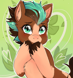 Size: 700x747 | Tagged: safe, artist:the-cat1, imported from derpibooru, oc, oc only, oc:sagebrush, earth pony, pony, brush, coat markings, covering mouth, earth pony oc, green eyes, hooves, hooves up, male, multicolored hair, multicolored mane, multicolored tail, pinto, scenery, shading, smiling, solo, stallion, transgender, unshorn fetlocks