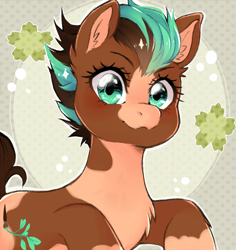 Size: 700x740 | Tagged: safe, artist:the-cat1, imported from derpibooru, oc, oc only, oc:sagebrush, earth pony, pony, brush, coat markings, earth pony oc, green eyes, happy, male, multicolored hair, multicolored mane, multicolored tail, pinto, scenery, shading, smiling, solo, stallion, transgender, unshorn fetlocks