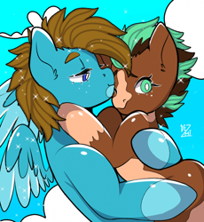 Size: 700x762 | Tagged: safe, artist:dezmi, imported from derpibooru, oc, oc only, oc:carbon, oc:sagebrush, earth pony, pegasus, pony, blue eyes, brown mane, brush, coat markings, colored wings, couple, cute, dating, earth pony oc, forehead kiss, gay, green eyes, hooves, hooves up, kissing, male, multicolored hair, multicolored mane, multicolored tail, multicolored wings, pegasus oc, pinto, shading, shipping, sky, smiling, stallion, transgender, wings