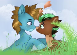 Size: 3856x2768 | Tagged: safe, artist:tosha_papuru0404, imported from derpibooru, oc, oc only, oc:carbon, oc:sagebrush, earth pony, pegasus, pony, blue eyes, blushing, boop, brown mane, brush, coat markings, colored wings, couple, cute, dating, earth pony oc, gay, grass, green eyes, heart, high res, hooves, male, multicolored hair, multicolored mane, multicolored tail, multicolored wings, noseboop, pegasus oc, pinto, shading, shipping, sky, smiling, stallion, transgender, wings