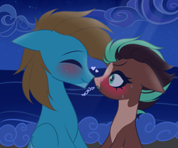 Size: 3000x2500 | Tagged: safe, alternate version, artist:wew11, imported from derpibooru, oc, oc only, oc:carbon, oc:sagebrush, earth pony, pegasus, pony, beach, blue eyes, blushing, boop, brown mane, brush, coat markings, colored wings, couple, cute, dating, earth pony oc, eyelashes, eyes closed, eyes open, gay, green eyes, heart, high res, hooves, male, multicolored hair, multicolored mane, multicolored tail, multicolored wings, night, noseboop, ocean, pegasus oc, pinto, shading, shipping, sky, smiling, stallion, transgender, wings
