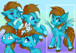 Size: 3600x2520 | Tagged: safe, artist:xvostik, imported from derpibooru, oc, oc only, oc:carbon, pegasus, pony, rabbit, animal, blue eyes, brown mane, closed mouth, coat markings, colored wings, confident, cute, flirting, flirty, freckles, full body, fullbody, happy, high res, male, multicolored wings, open mouth, pegasus oc, raised hoof, raised hooves, scared, smiling, socks (coat markings), solo, spread wings, stallion, surprised, unshorn fetlocks, wings