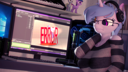 Size: 3840x2160 | Tagged: safe, artist:steamyart, imported from derpibooru, oc, oc only, oc:steamy, anthro, unicorn, 3d, error, glasses, headphones, heterochromia, high res, solo, source filmmaker