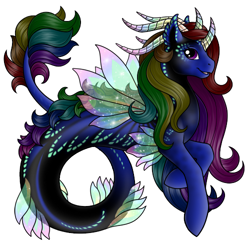 Size: 500x500 | Tagged: safe, artist:iggwilv, imported from derpibooru, oc, oc only, hybrid, merpony, seapony (g4), clothes, dorsal fin, fins, fish tail, flowing tail, horns, open mouth, purple eyes, see-through, simple background, smiling, solo, sparkles, tail, white background