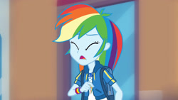 Size: 3410x1920 | Tagged: safe, imported from derpibooru, screencap, rainbow dash, equestria girls, equestria girls series, run to break free, spoiler:eqg series (season 2), backpack, clothes, cutie mark, cutie mark on clothes, eyes closed, female, geode of super speed, hoodie, jewelry, magical geodes, necklace, open mouth, solo