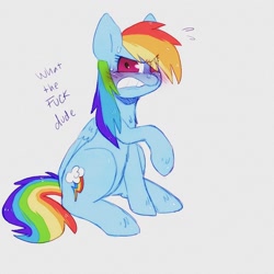 Size: 1242x1242 | Tagged: safe, artist:mclovin, imported from derpibooru, rainbow dash, pegasus, pony, angry, blushing, disgusted, female, frown, looking at you, mare, sitting, sketch, solo, sweat, vulgar