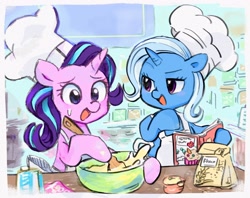 Size: 1536x1217 | Tagged: safe, artist:ch-chau, artist:osawari64, imported from derpibooru, starlight glimmer, trixie, pony, unicorn, baking, chef's hat, collaboration, cooking, cute, diatrixes, duo, food, glimmerbetes, hat, smiling