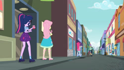 Size: 3410x1920 | Tagged: safe, imported from derpibooru, screencap, fluttershy, pinkie pie, sci-twi, twilight sparkle, equestria girls, equestria girls series, run to break free, spoiler:eqg series (season 2), bicycle, bike helmet, clothes, cutie mark, cutie mark on clothes, female, glasses, helmet, jewelry, male, necklace, open mouth, ponytail, running, tanktop