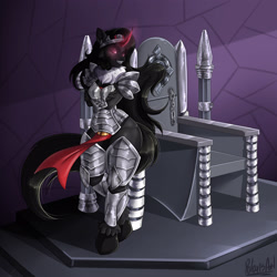 Size: 3000x3000 | Tagged: artist needed, source needed, safe, artist:polarisart, imported from derpibooru, king sombra, anthro, unguligrade anthro, unicorn, armor, breasts, busty queen umbra, crossed arms, curvy, glowing eyes, high res, looking at you, queen umbra, rule 63, solo, thighs, throne, thunder thighs, unshorn fetlocks