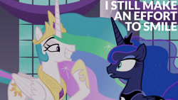Size: 1280x720 | Tagged: safe, edit, edited screencap, editor:quoterific, imported from derpibooru, screencap, princess celestia, princess luna, alicorn, pony, a royal problem, season 7, crown, female, grin, jewelry, mare, open mouth, regalia, royal sisters, siblings, sisters, smiling