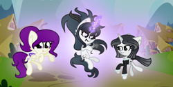 Size: 2079x1057 | Tagged: safe, artist:darbypop1, imported from derpibooru, oc, oc only, oc:friday the 13th, oc:raven (darbypop1), oc:violet moon, pegasus, pony, unicorn, chibi, female, magic, mare