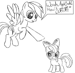 Size: 898x877 | Tagged: safe, artist:scootaloormayfly, imported from derpibooru, apple bloom, rainbow dash, earth pony, pegasus, pony, friendship is witchcraft, duo, duo female, female, filly, mare, monochrome, speech bubble