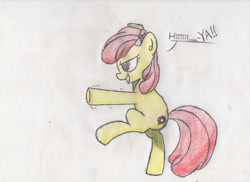 Size: 1280x930 | Tagged: safe, artist:scootaloormayfly, imported from derpibooru, apple bloom, earth pony, pony, colored pencil drawing, cutie mark, dialogue, female, filly, karate, martial arts, solo, standing, standing on one leg, traditional art