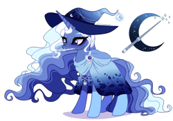 Size: 1700x1200 | Tagged: safe, artist:gihhbloonde, imported from derpibooru, oc, oc only, pony, unicorn, female, hat, magical lesbian spawn, mare, mouth hold, offspring, parent:princess luna, parent:trixie, parents:luxie, simple background, solo, transparent background, witch hat