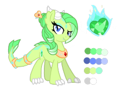 Size: 1024x765 | Tagged: safe, artist:eeveewhite97, imported from derpibooru, oc, oc only, oc:emerald blaze, dracony, dragon, hybrid, pony, cutie mark, female, interspecies offspring, jewelry, looking at you, offspring, parent:rarity, parent:spike, parents:sparity, peytral, reference sheet, ring, simple background, solo, tail, tail ring, transparent background