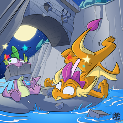 Size: 800x800 | Tagged: safe, artist:boscoloandrea, artist:boskocomicartist, imported from derpibooru, smolder, spike, dragon, brick, bridge, circling stars, commission, commissioner:foxlover91, crash, derp, dizzy, dragoness, duo, female, head lump, male, moon, night, pain star, this did not end well, water, winged spike, wings