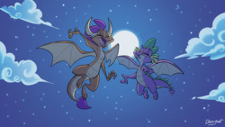 Size: 900x506 | Tagged: safe, artist:dodgyrom, artist:dodgyrommer, imported from derpibooru, smolder, spike, dragon, cloud, commission, commissioner:foxlover91, dragoness, female, flying, implied spolder, male, moon, night, singing, sky, stars, winged spike, wings