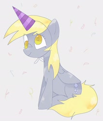 Size: 1748x2048 | Tagged: safe, artist:omelettepony, imported from derpibooru, derpy hooves, alicorn, pegasus, pony, alicornified, confetti, cute, cutie mark, derpabetes, derpicorn, fake horn, female, happy, hat, mare, party hat, race swap, sitting, smiling, solo, wings