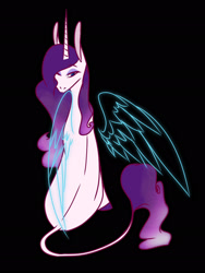 Size: 1536x2048 | Tagged: safe, artist:artfestation, imported from derpibooru, oc, oc only, pony, unicorn, artificial wings, augmented, black background, female, horn, looking back, magic, magic wings, magical lesbian spawn, mare, offspring, parent:princess celestia, parent:rarity, parents:rarilestia, simple background, sitting, solo, unicorn oc, wings