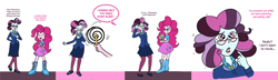 Size: 2452x705 | Tagged: safe, artist:cyanoray, imported from derpibooru, pinkie pie, principal abacus cinch, equestria girls, alternate hairstyle, bust, clothes, cutie mark, cutie mark on clothes, dialogue, female, glasses, mind control