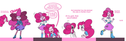 Size: 3028x1002 | Tagged: safe, artist:cyanoray, imported from derpibooru, pinkie pie, principal abacus cinch, equestria girls, alternate hairstyle, bust, character to character, clothes, dialogue, female, glasses, mind control, personality swap, transformation, transformation sequence, twinning