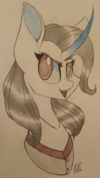 Size: 590x1049 | Tagged: safe, artist:donnie-moon, imported from derpibooru, oc, oc only, oc:trixie, pony, unicorn, bust, clothes, female, horn, mare, signature, smiling, traditional art, unicorn oc