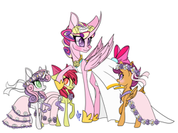 Size: 3000x2249 | Tagged: safe, artist:donnie-moon, imported from derpibooru, apple bloom, princess cadance, scootaloo, sweetie belle, alicorn, earth pony, pegasus, pony, unicorn, clothes, curved horn, cutie mark crusaders, dress, female, filly, floral head wreath, flower, flower filly, flower girl, flower girl dress, high res, hoof shoes, horn, mare, marriage, request, signature, simple background, wedding, wedding dress, white background, wings