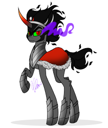 Size: 1024x1214 | Tagged: safe, artist:donnie-moon, imported from derpibooru, imported from ponybooru, king sombra, pony, unicorn, clothes, horn, male, raised hoof, signature, simple background, solo, sombra eyes, stallion, transparent background