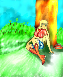 Size: 1400x1700 | Tagged: safe, artist:foxgearstudios, imported from derpibooru, applejack, equestria girls, boots, clothes, female, hat, high heel boots, outdoors, shoes, shorts, sitting, solo, tree