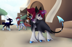 Size: 1845x1225 | Tagged: safe, artist:dreepymom, artist:the-dreepy-mom, imported from derpibooru, oc, oc only, oc:antlion, oc:arctic spark, bat, changeling, pony, unicorn, male, stallion