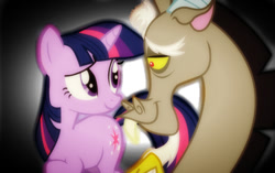 Size: 540x340 | Tagged: safe, edit, edited screencap, imported from derpibooru, screencap, discord, twilight sparkle, alicorn, draconequus, pony, unicorn, discolight, female, fimfiction, lighting, looking at each other, male, mare, raised hoof, shipping, story included, straight, unicorn twilight