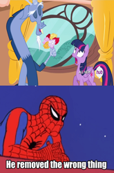 Size: 500x758 | Tagged: safe, edit, edited screencap, imported from derpibooru, screencap, discord, twilight sparkle, alicorn, draconequus, human, pegasus, pony, three's a crowd, 60s spider-man, eyes closed, female, flower, golden oaks library, hub logo, implied futa, innuendo, male, meme, open mouth, pegasus twilight sparkle, rose, shocked, shocked expression, spider-man, text, twilight sparkle (alicorn)