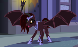 Size: 1920x1156 | Tagged: safe, artist:aonairfaol, imported from derpibooru, oc, oc only, oc:black dahlia, bat pony, pony, bat pony oc, bat wings, black sclera, hoof shoes, indoors, magical parthenogenic spawn, offspring, open mouth, parent:princess luna, peytral, solo, spread wings, wings