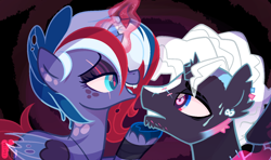 Size: 1440x854 | Tagged: safe, artist:khimi-chan, imported from derpibooru, oc, oc only, alicorn, pony, abstract background, alicorn oc, base used, bedroom eyes, bust, disguise, disguised changeling, female, femdom, horn, makeup, male, malesub, mare, oc x oc, shipping, stallion, story included, submissive, wings