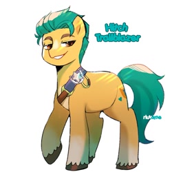 Size: 1263x1263 | Tagged: safe, artist:riukime, imported from derpibooru, hitch trailblazer, earth pony, pony, brown eyes, g5, gradient hooves, looking at you, male, simple background, smiling, smiling at you, solo, stallion, unshorn fetlocks, white background