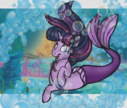 Size: 1280x1090 | Tagged: safe, artist:silverlunars, imported from derpibooru, twilight sparkle, merpony, pony, seapony (g4), unicorn, bubble, chest fluff, coral, digital art, female, fish tail, flowing mane, flowing tail, horn, looking up, mermaid tail, open mouth, purple eyes, seaponified, seapony twilight, seaweed, smiling, solo, species swap, tail, underwater, water