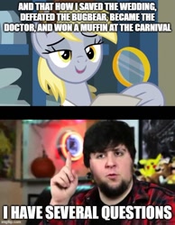 Size: 500x643 | Tagged: safe, edit, edited screencap, imported from derpibooru, screencap, derpy hooves, pegasus, pony, best gift ever, caption, cute, derpabetes, doctor who, female, image macro, jontron, lidded eyes, magnifying glass, mailmare, mare, post office, postman's hat, solo, text, wing hands, wing hold, wings