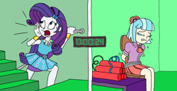 Size: 2380x1232 | Tagged: safe, artist:bugssonicx, imported from derpibooru, coco pommel, rarity, equestria girls, arm behind back, bomb, bondage, calling, clothes, crying, damsel in distress, dress, equestria girls-ified, eyes closed, rarity peplum dress, skirt, sweat, sweatdrop, tied to chair, tied up, weapon, worried