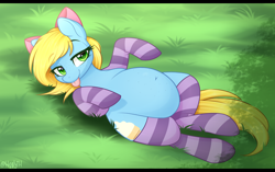 Size: 2700x1700 | Tagged: safe, artist:higgly-chan, imported from derpibooru, oc, oc only, oc:sugar sweet, earth pony, pony, bedroom eyes, belly, belly button, bow, chubby, clothes, commission, cute, fat, female, grass, looking at you, lying down, obese, ocbetes, on back, socks, solo, striped socks, tongue out